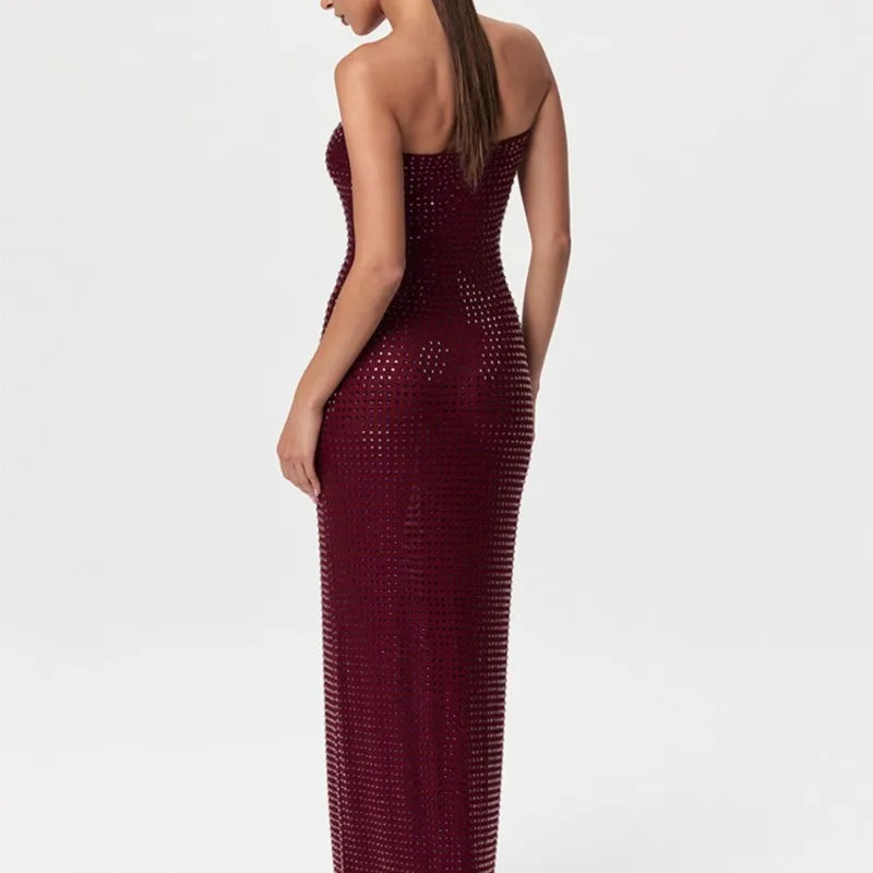 Red Wine Crystal Beaded Strapless Gown – Elegant Backless Evening Maxi Dress