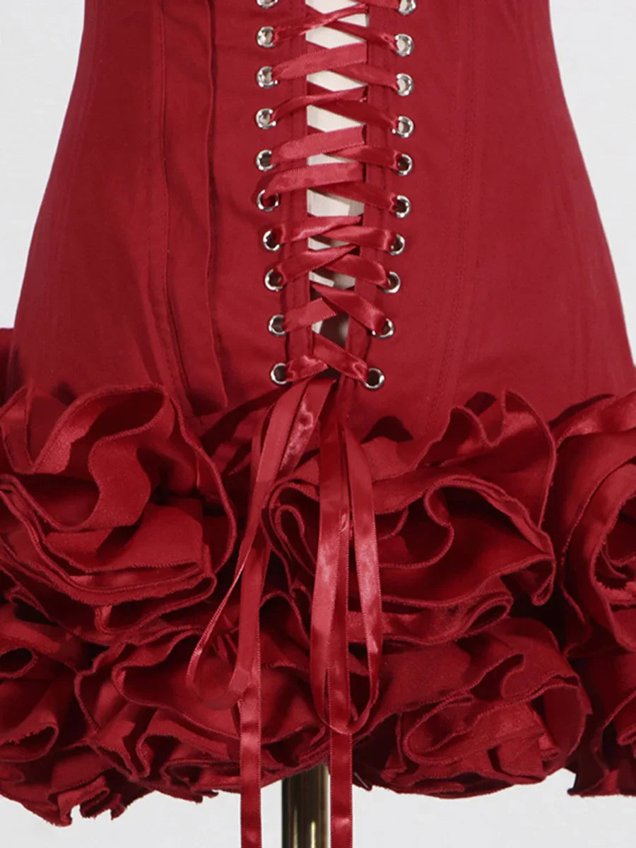 Red Strapless Mini Dress with Fungus Folds