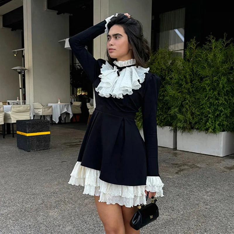 Black Ruffle Mini Dress | Retro White Contrast Party Style