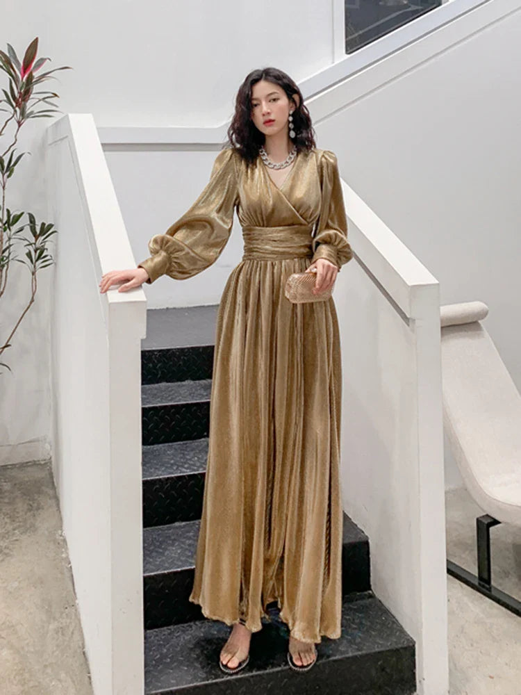 Gold Lantern Sleeve V-Neck Split Long Dress