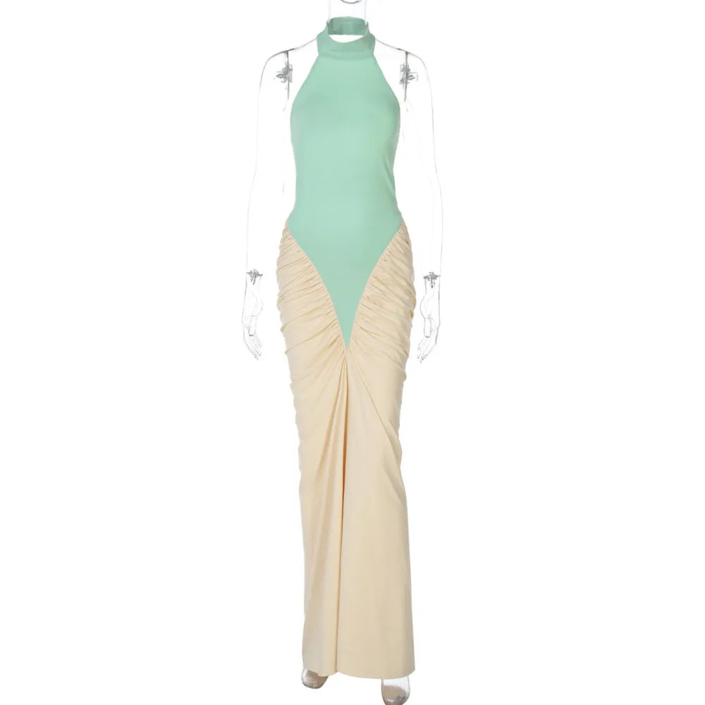 Halter Backless Maxi Dress | Ruched Patchwork Sheath Gown