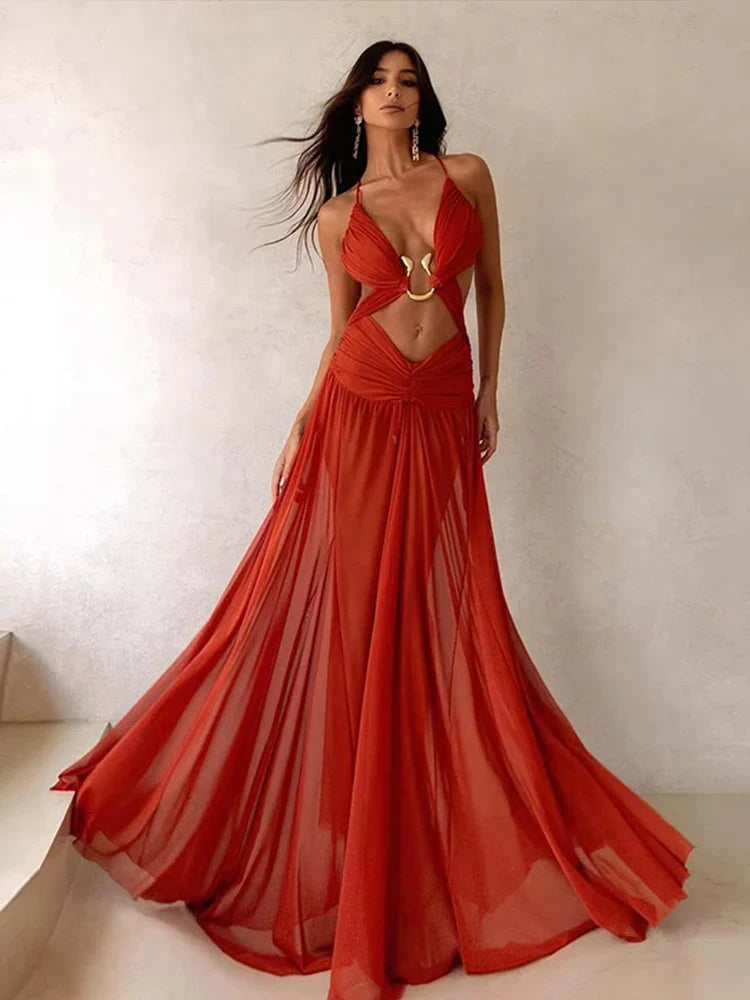 Hollow Out Pleated Maxi Dress - Halter Backless A-Line Robe