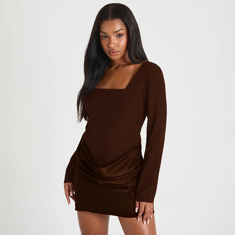 Square Neck Mini Dress with Satin Drape and Long Sleeves