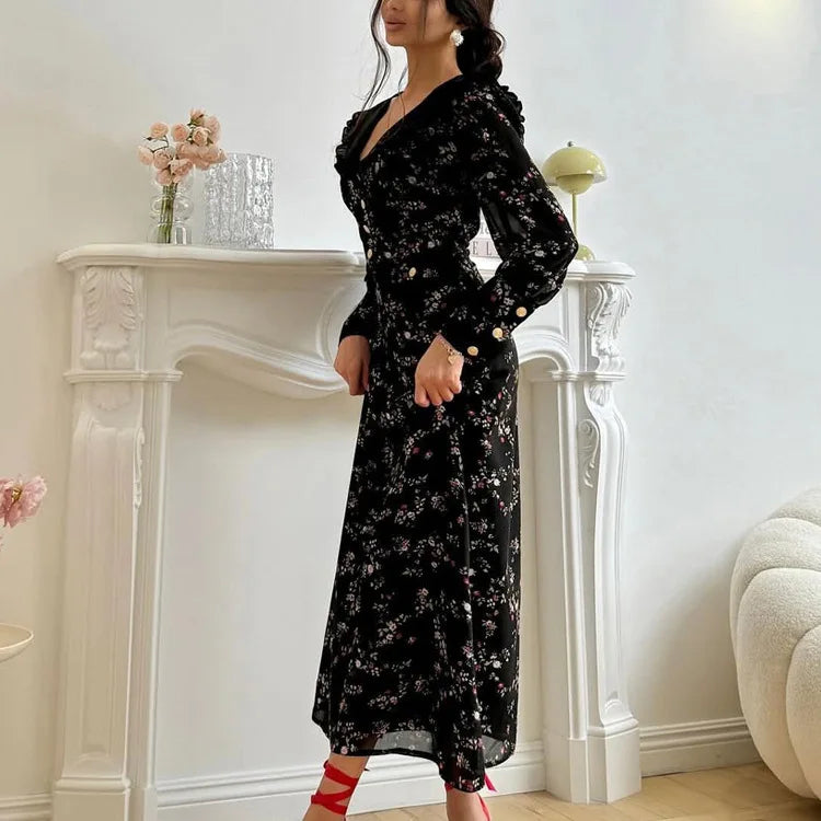 Retro Print Ruffled Lapel Dress | Long Sleeve Slim A-Line Party Gown