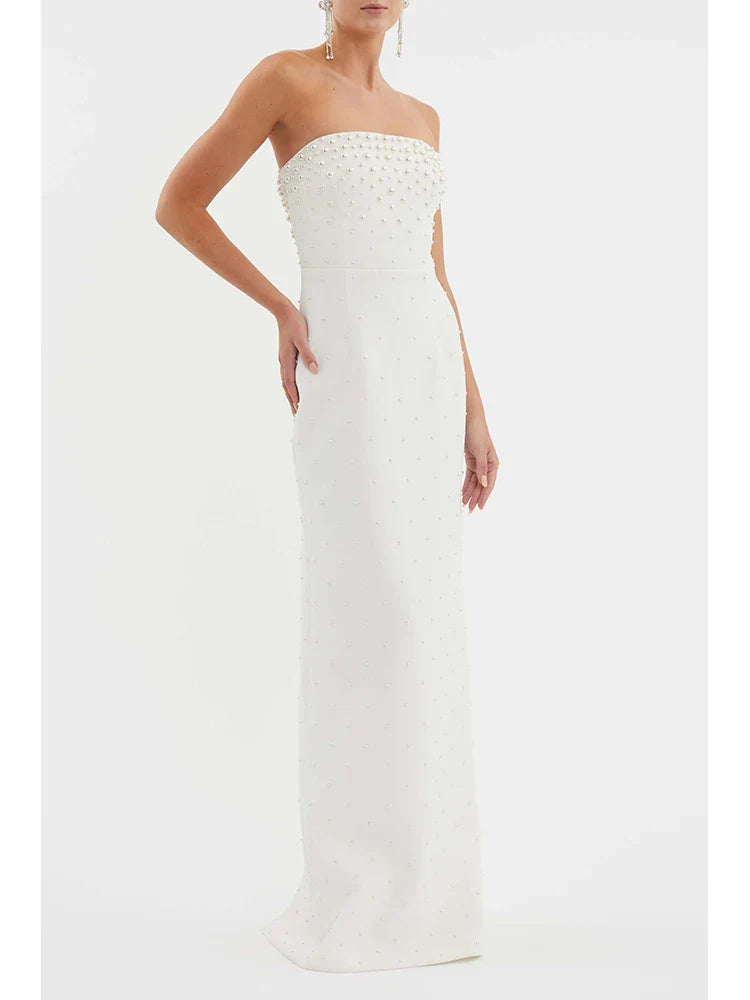 Strapless Pearl Beaded Gown – Elegant Slim-Fit Ankle-Length Dress