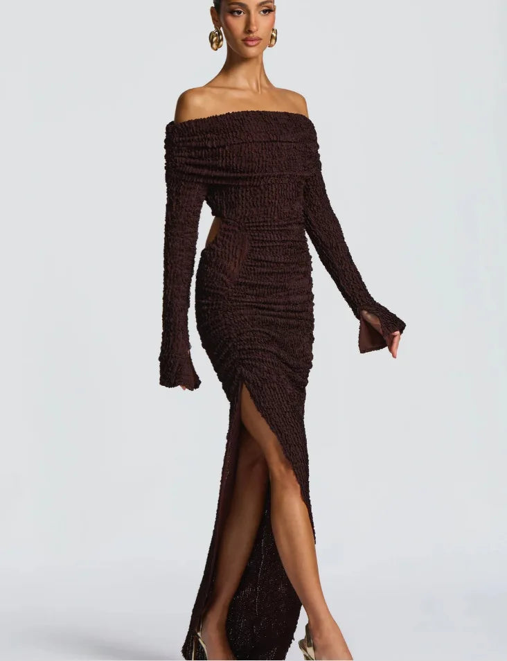 Off Shoulder Long Sleeve Textured Slit Maxi Dress