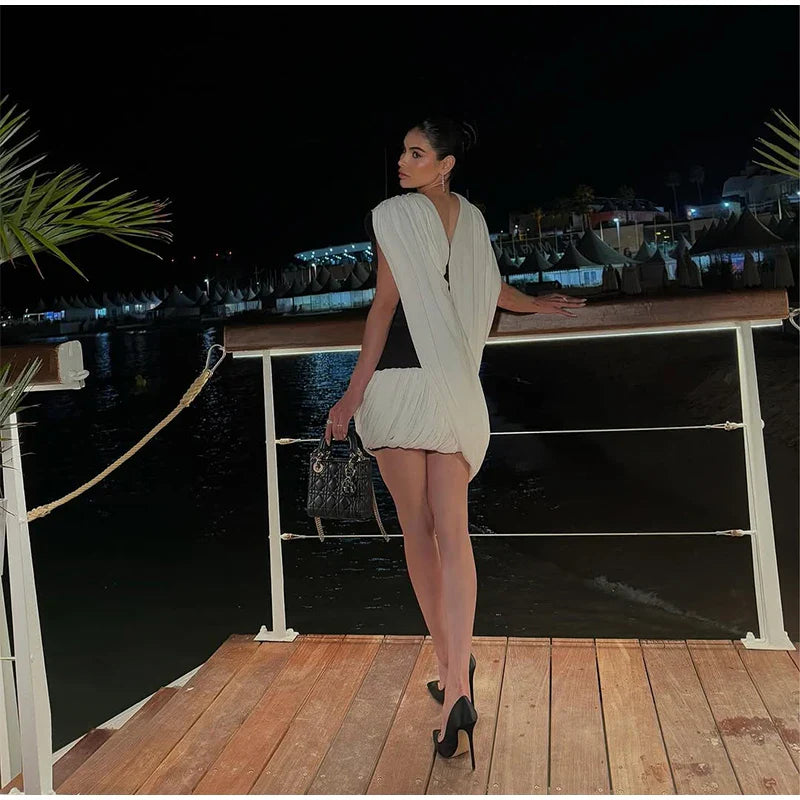 Black Mini Dress with Draped Cape Overlay