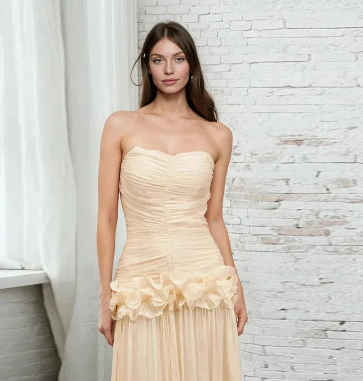 Pleated Flower Ruffles Tube Long Dress