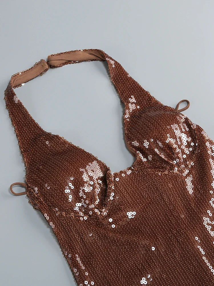 Brown Sequin Halter Neck Long Dress