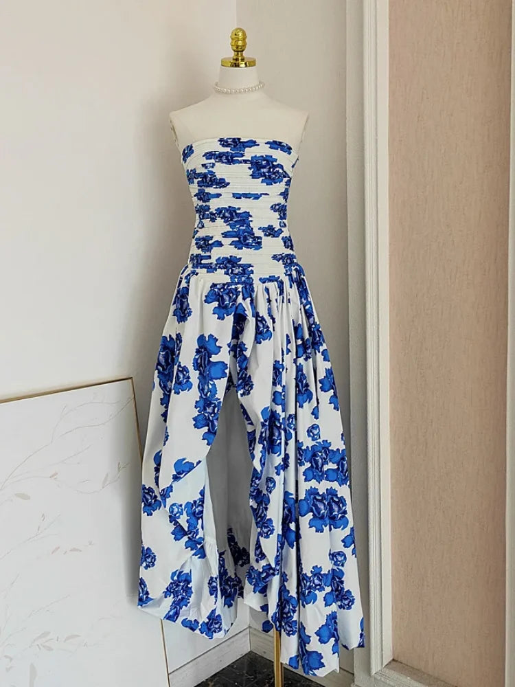 Printed Strapless Bubble Maxi Dress