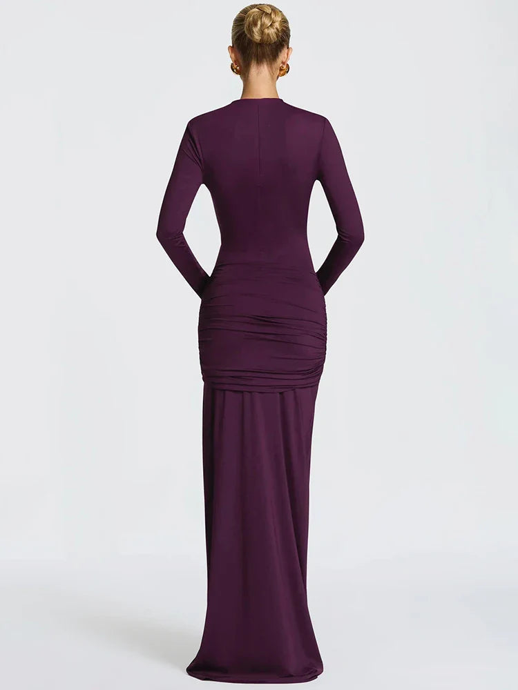 Draped Cut-Out Long Sleeve Evening Maxi Dress