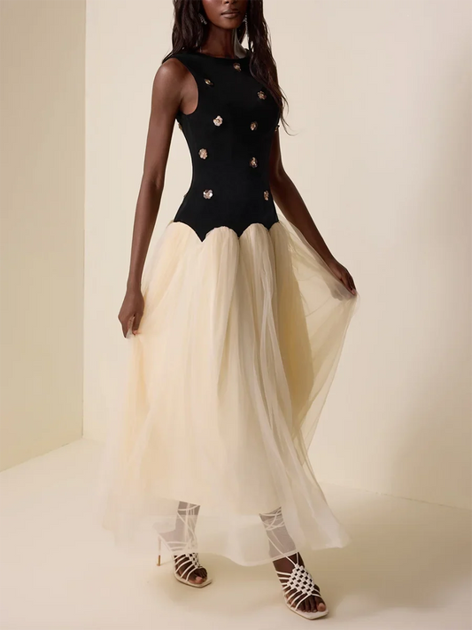 Hit Color Hollow Out Maxi Dress - Spliced Mesh Round Neck