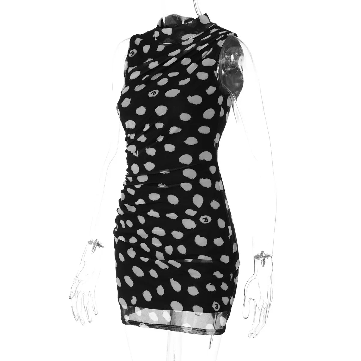 Half High Collar Polka Dot Mini Dress