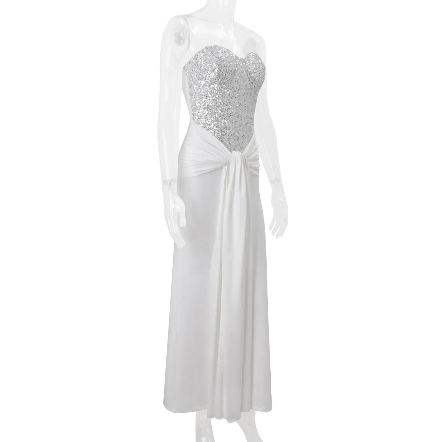 White Strapless Sequin Gown | Elegant Mesh Maxi Dress