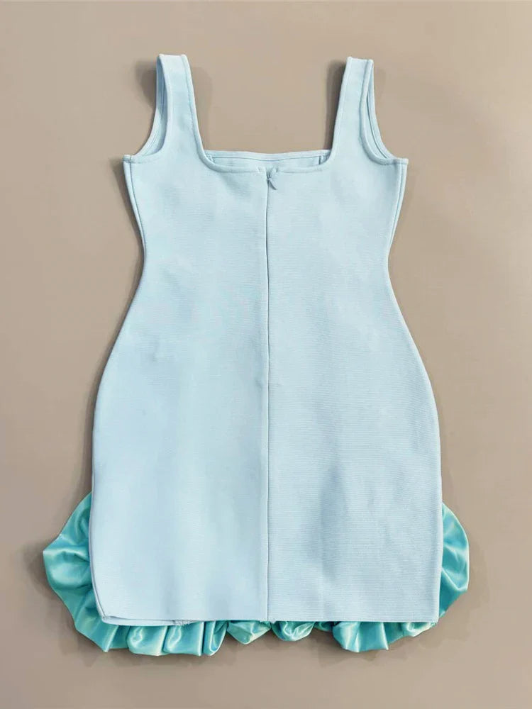 Light Blue Crystal Flower Bandage Mini Dress | Square Neck Evening Party Gown