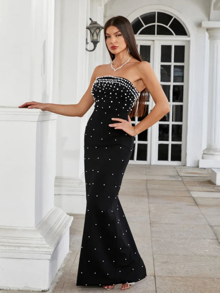 Strapless Pearl Beaded Gown – Elegant Slim-Fit Ankle-Length Dress