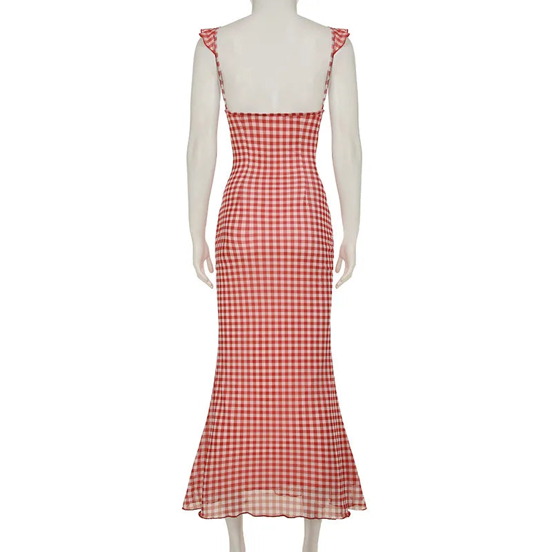 Red Gingham Lace-Up Maxi Dress | Picnic-to-Party Statement