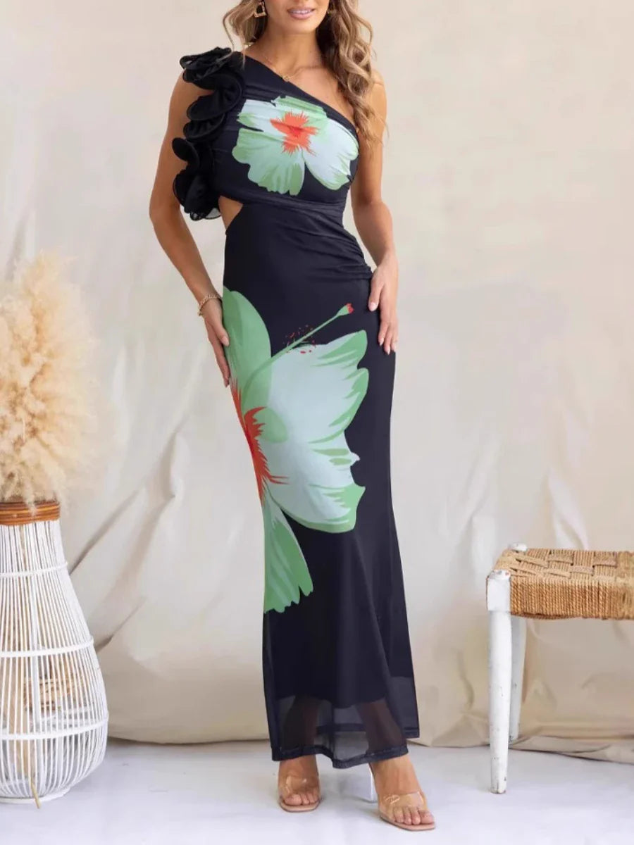 Floral Ruffle Maxi Dress | One-Shoulder Summer Gown