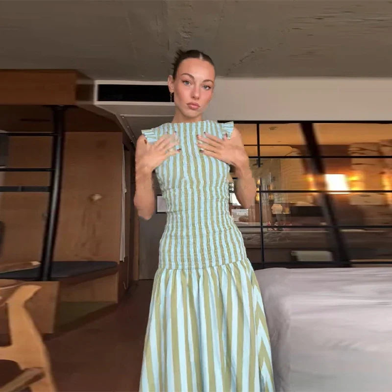 Striped Pleated Maxi Dress | Sleeveless A-Line Summer Style