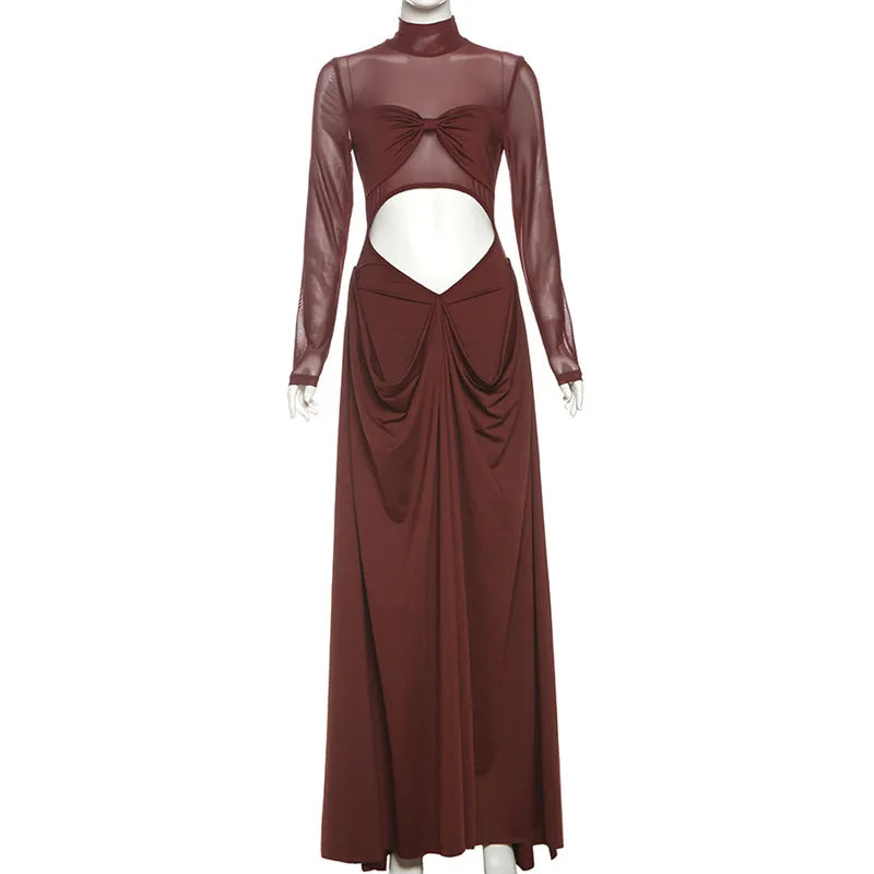 Brown Turtleneck Long Sleeve Mesh Cut Out Maxi Wrap Dress