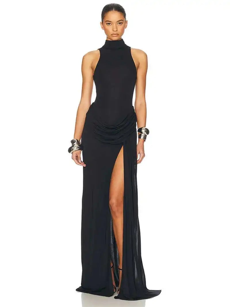 White High Slit Turtleneck Gown | Modern Sleek Evening Dress