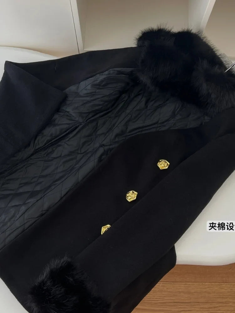 Faux Fur Collar Double-Breasted Wool Coat