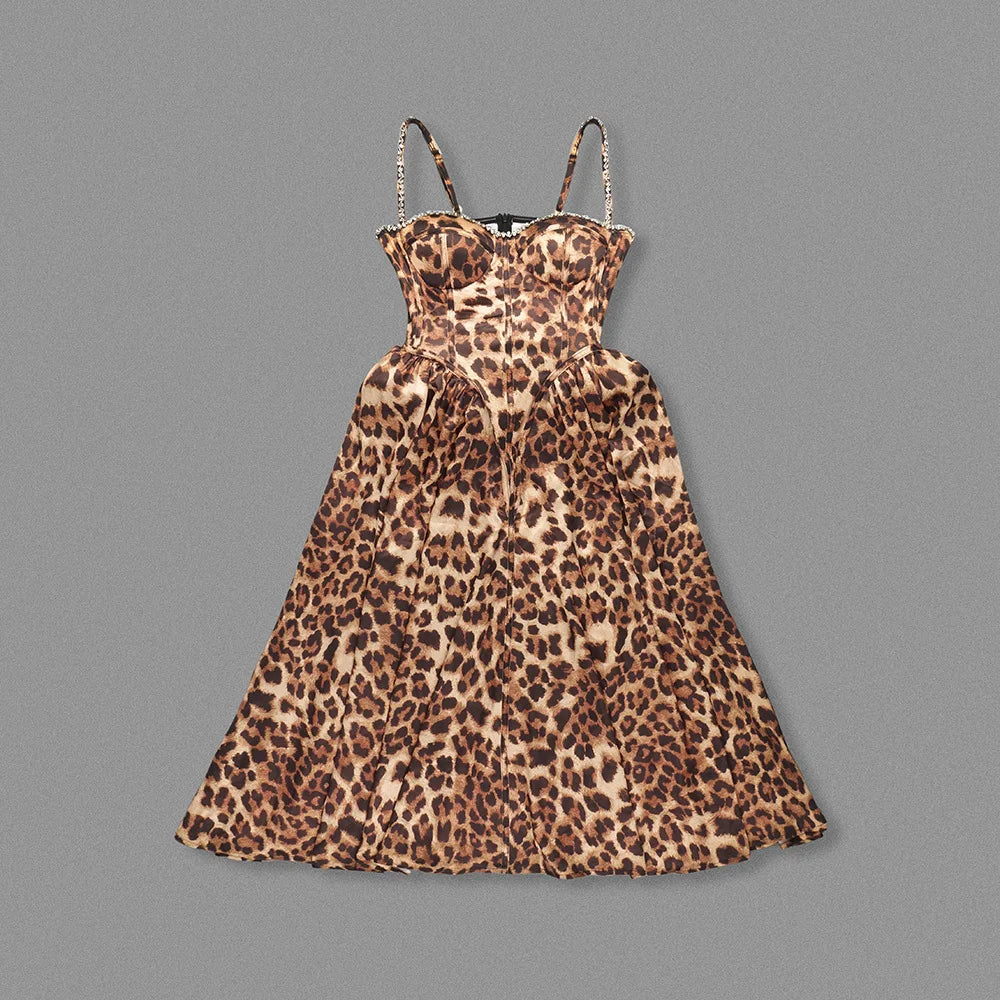 Leopard Crystal Embellished Midi Dress | Summer Vintage Glam
