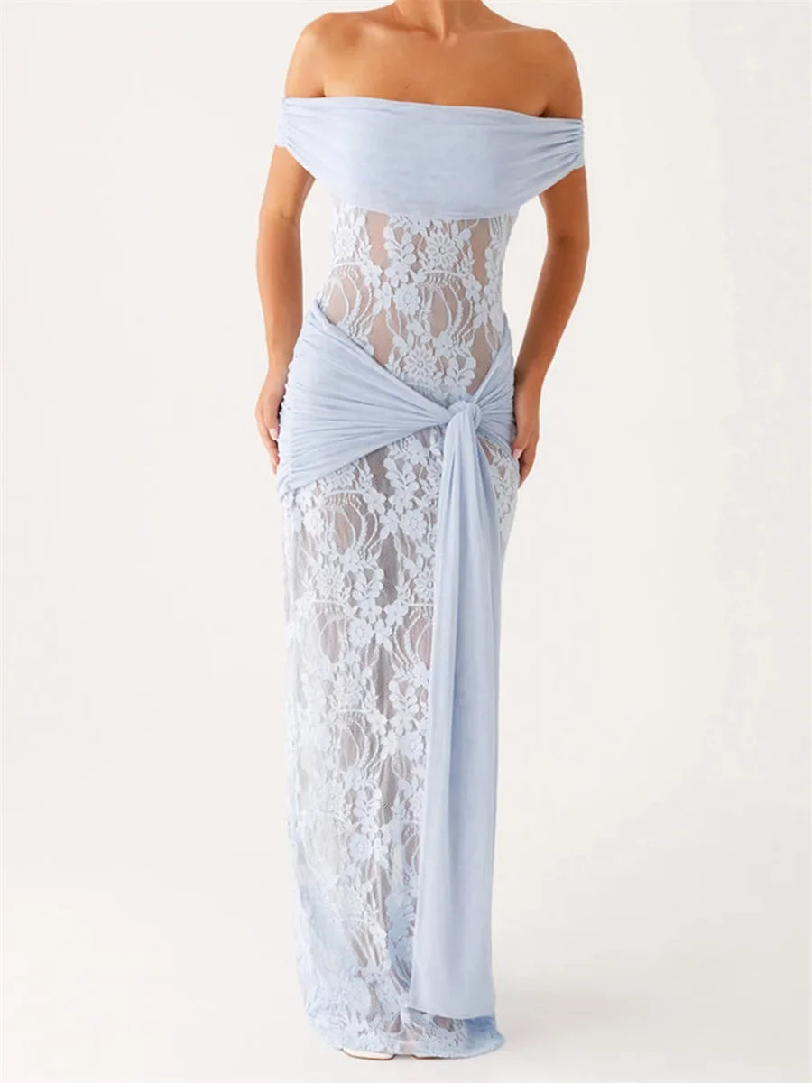 Elegant Off-Shoulder Lace Patchwork Bodycon Long Dress