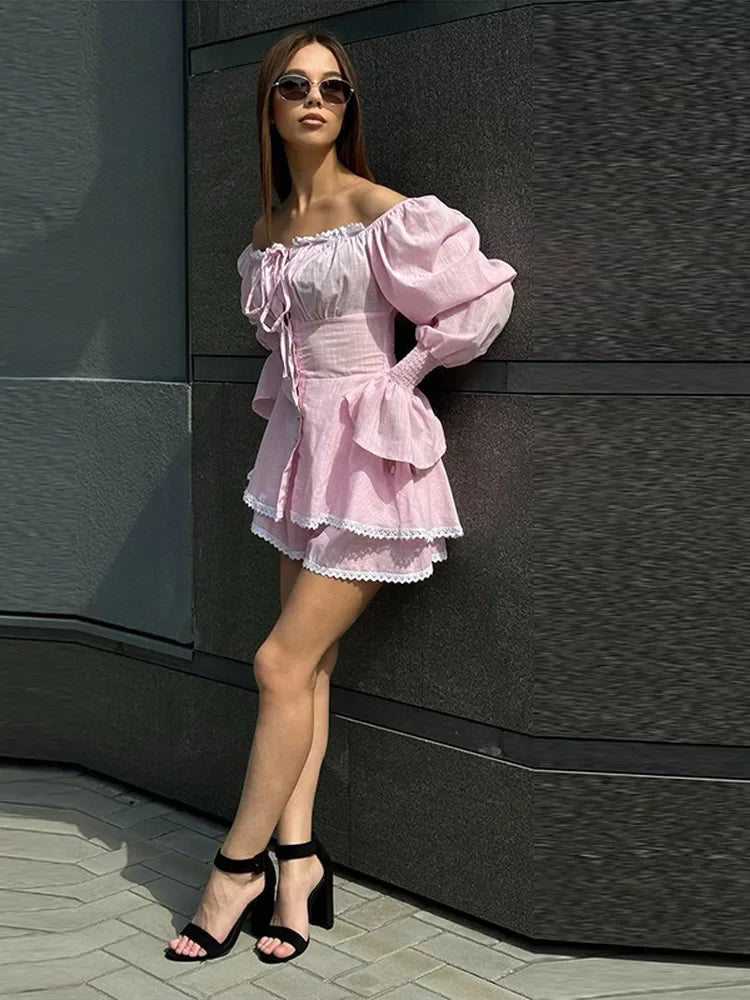 Off-Shoulder Lace Shorts Set |  Summer Co-Ord for Travel