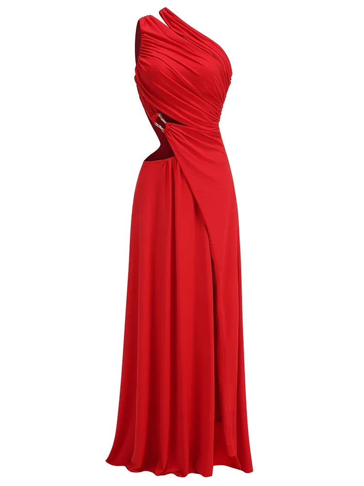 Red one-shoulder evening gown on a white background