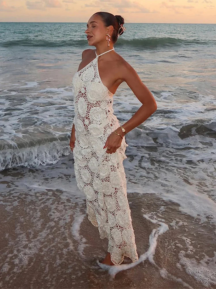Chic Strapless Hollow Knit Maxi Dress for Summer Glam