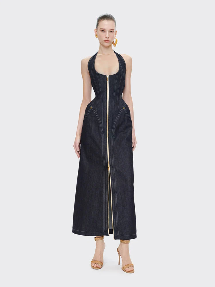 Denim Halter Neck Backless Maxi Dress