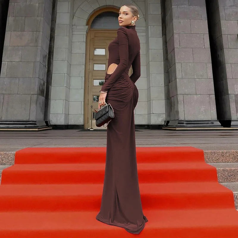 Brown Ruched Turtleneck Gown | Red Carpet Floor-Length Elegance