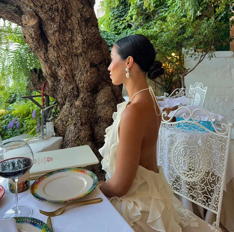 White Ruffle Halter Backless Maxi Dress – Summer Beach Party Look