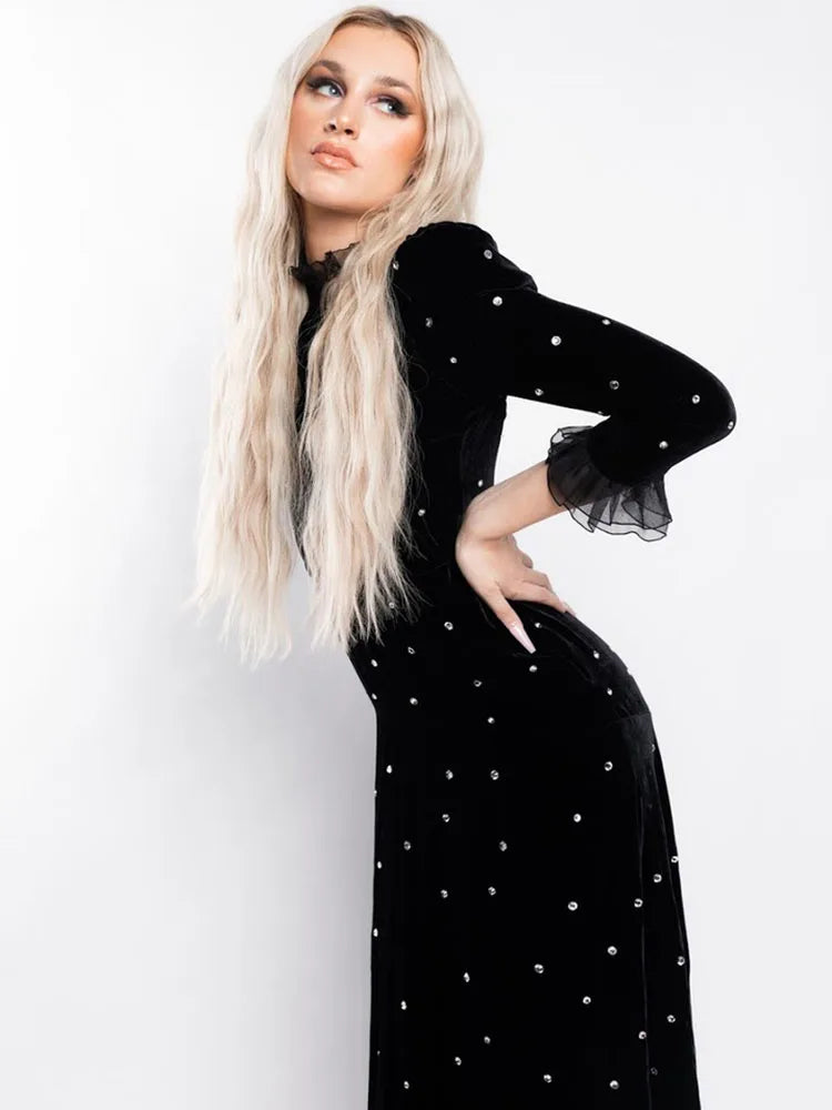 Black Velvet Crystal-Trim Long Evening Dress with Sheer Hem