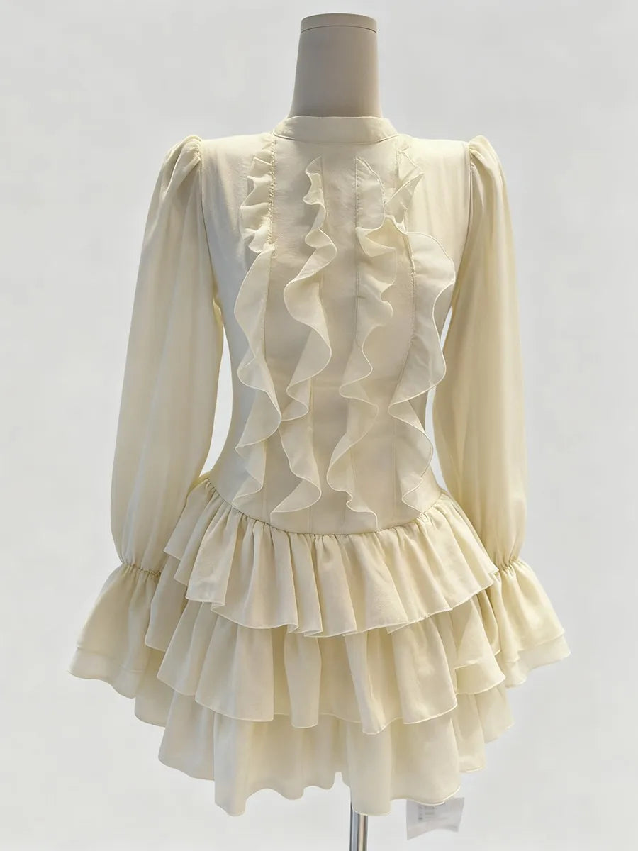 White Tiered Ruffle Mini Dress with Stand Collar