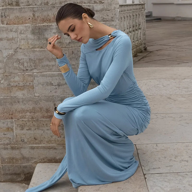 Light Blue Ruched Long Sleeve Maxi Dress – Elegant Autumn Club Gown