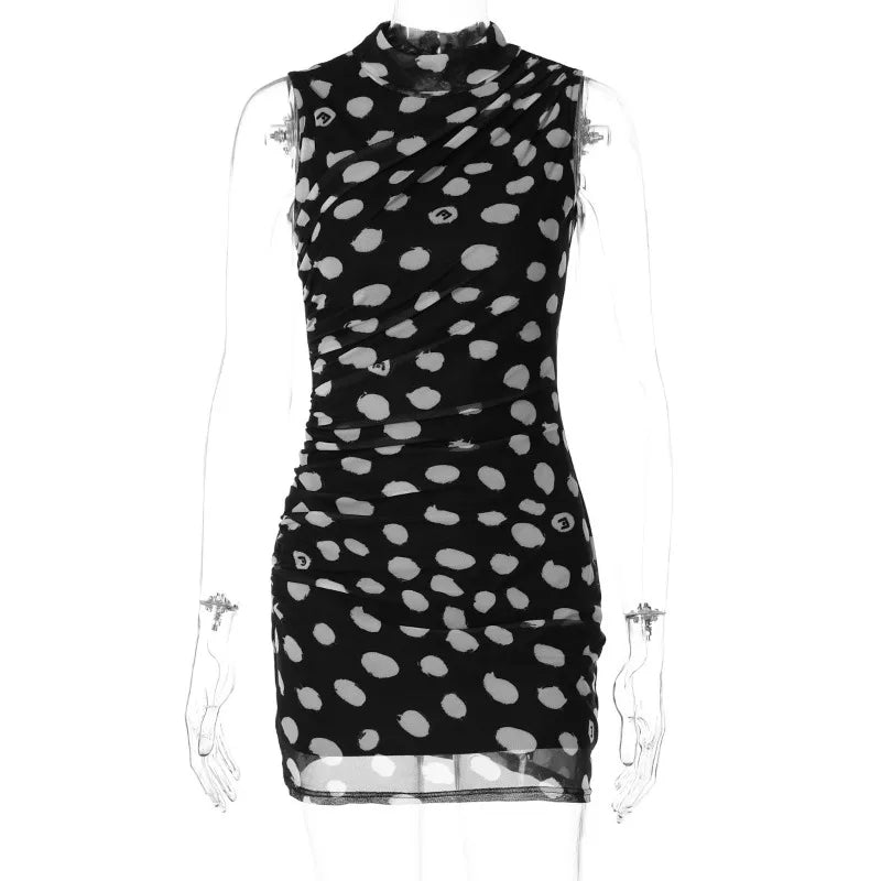 Half High Collar Polka Dot Mini Dress
