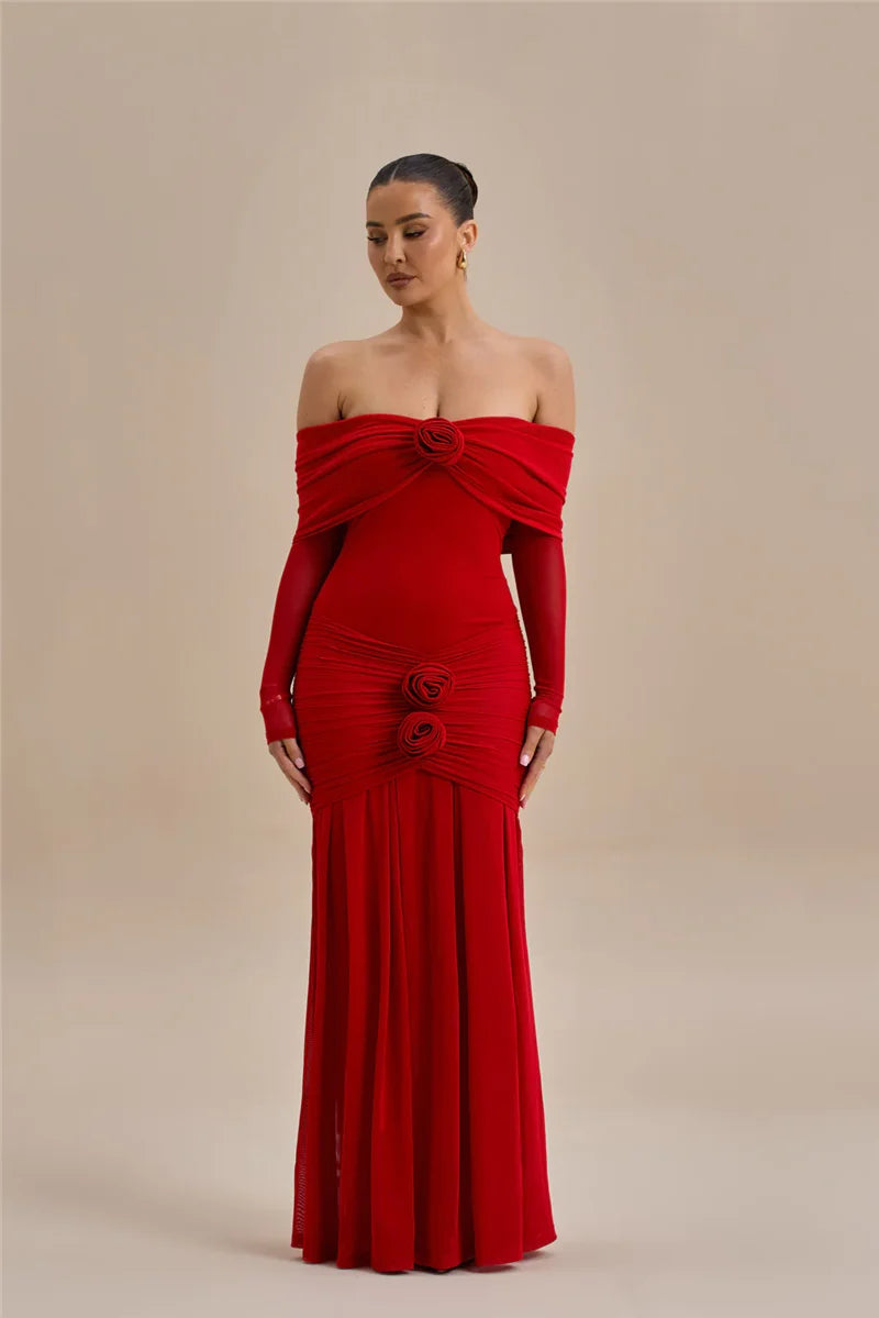 Off-Shoulder Rose Ruched Bodycon Maxi Dress