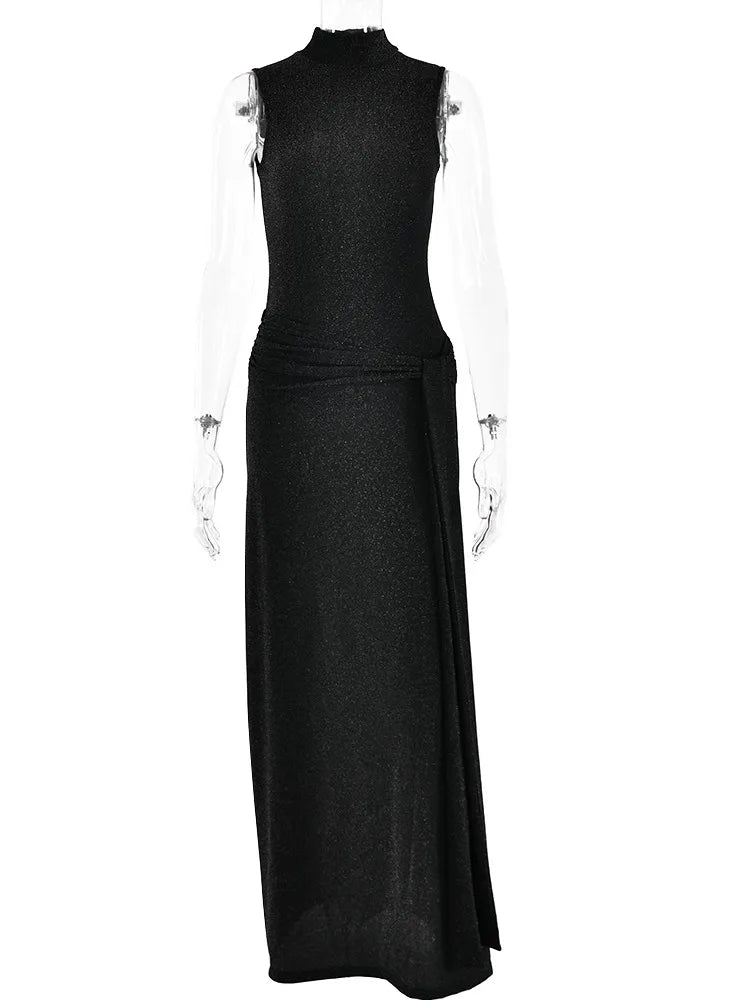 Shiny High-Neck Sleeveless Wrap Maxi Dress