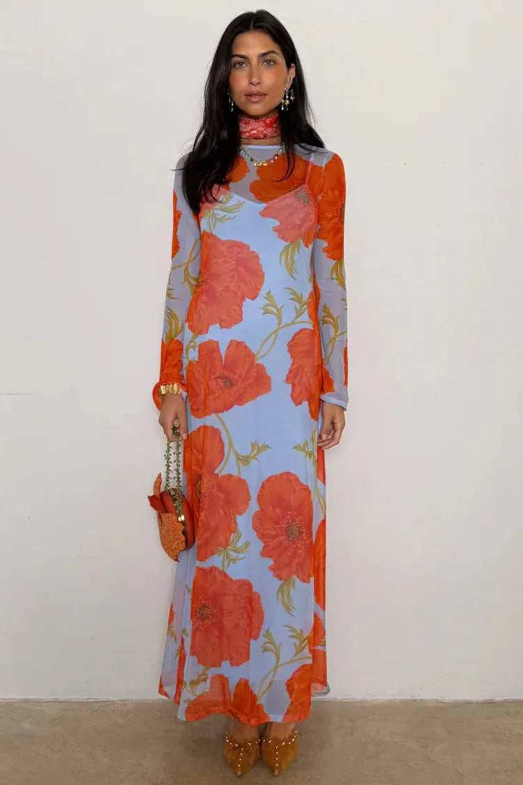 Poppy Floral Long-Sleeve Maxi Dress, Blue, Red