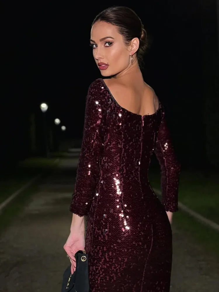 Burgundy Off Shoulder Mesh Sequin Maxi Gown
