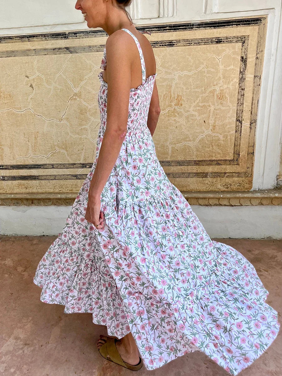 Blue & White Boho Floral Maxi Dress | Backless Empire Summer