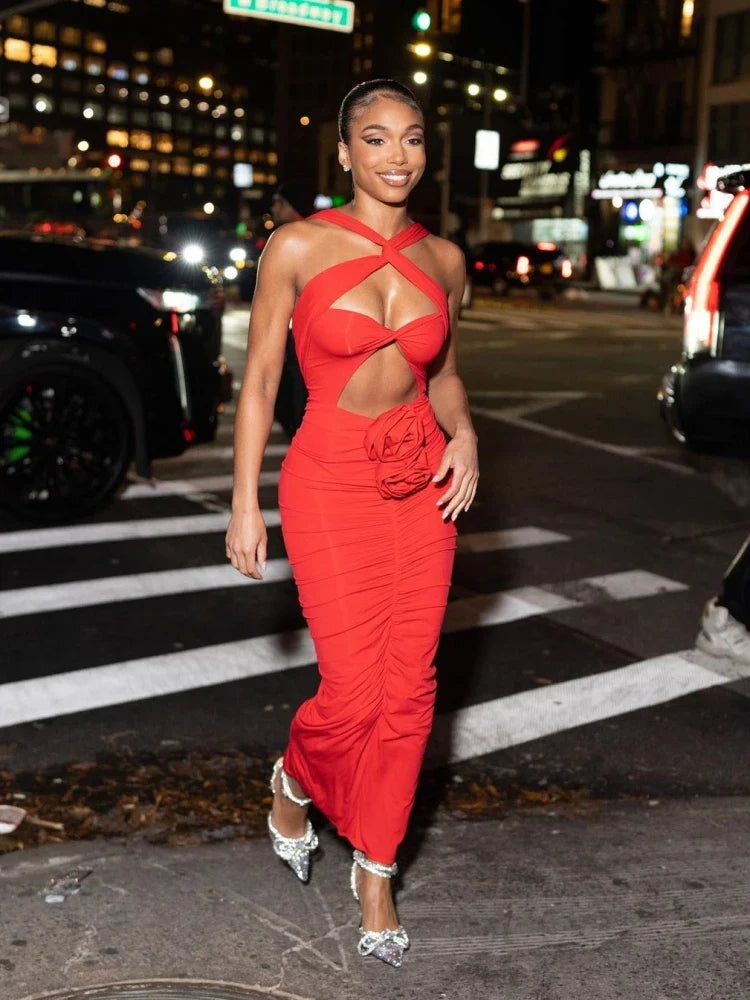 Red Cut-Out Bodycon Midi Dress with Ruched Flower Detail