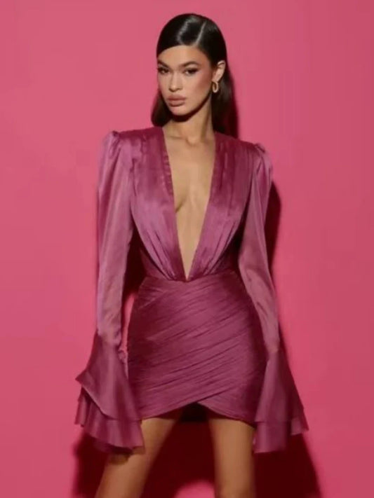Satin Deep V Neck Mini Dress with Flared Sleeves