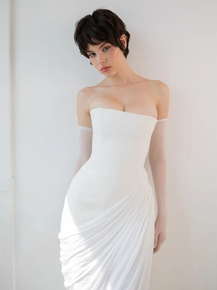 White Strapless Draped Maxi Dress with High Slit