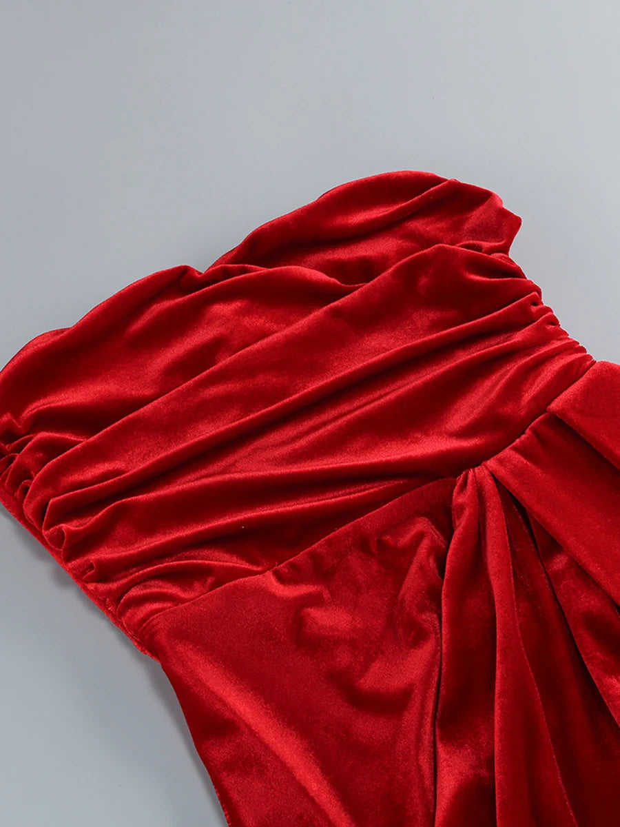Red Strapless Velvet Slit Maxi Dress with Ribbon Scarf
