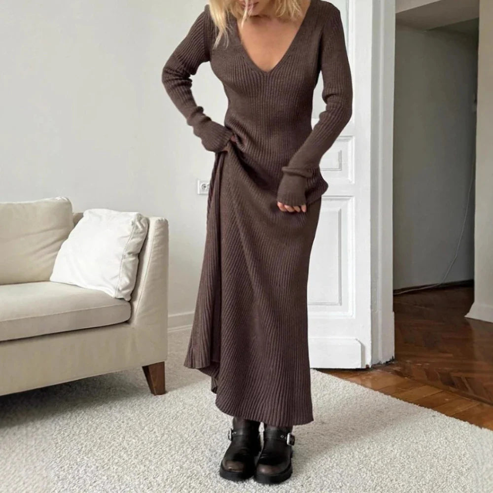Black V-Neck Knit Maxi Dress | Belted A-Line for Autumn Nights