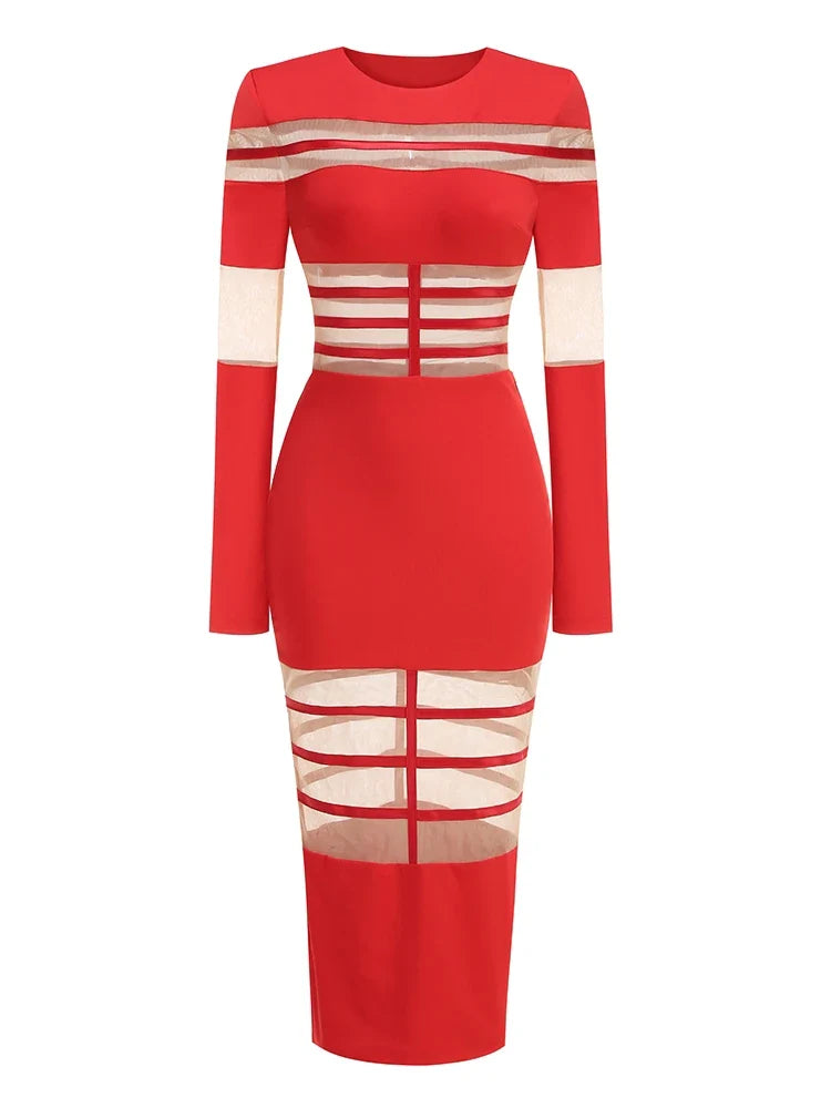 Red dress with mesh panels on a white background