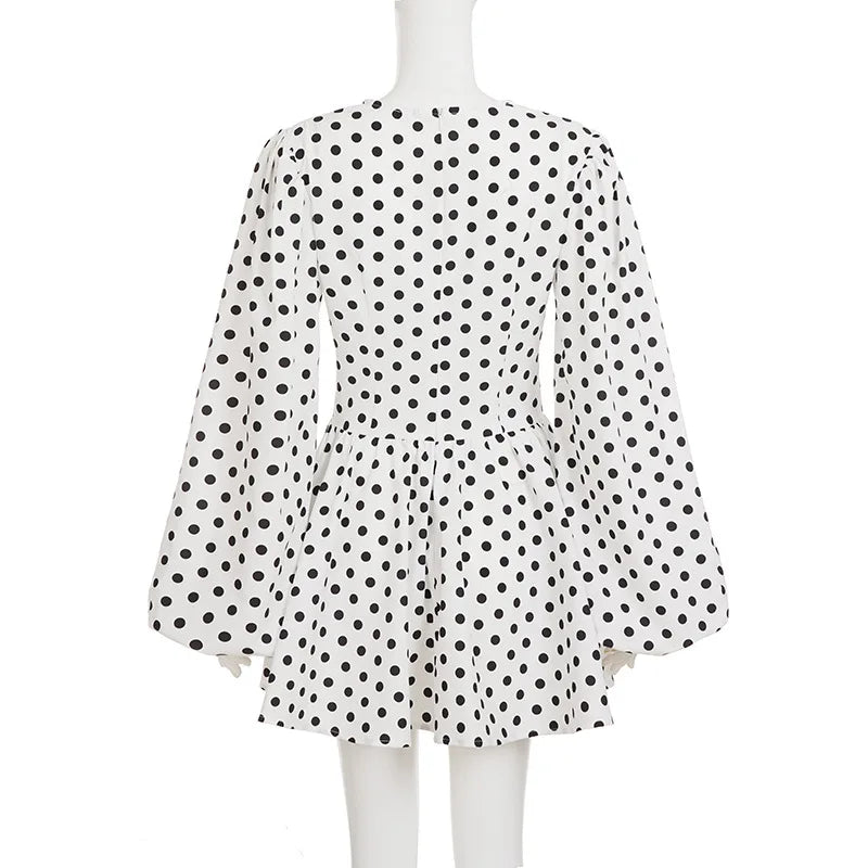 Polka Dot Puff Sleeve Mini Dress – Deep V High Waist Autumn A-Line